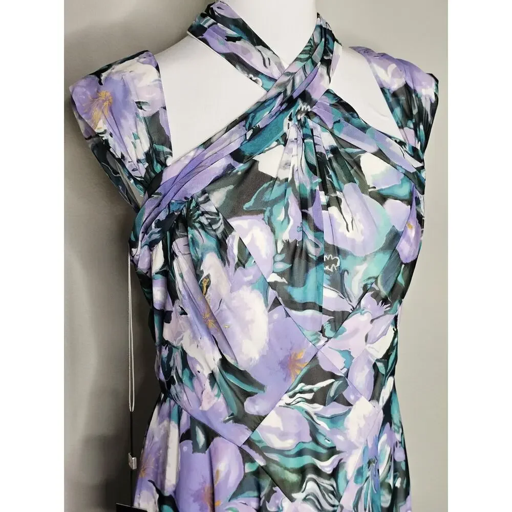 NWT Tadashi Shoji ARLENE CUTOUT HALTER FLORAL MIDI DRESS BUI22121MD Iris Size 12 - Picture 16 of 16